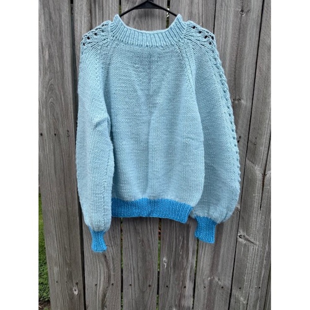 Cottagecore Handmade Chunky Knit Sweater L Blue Pointelle Raglan Balloon Sleeve